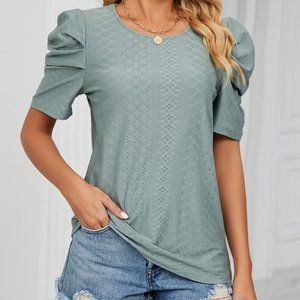 Round neck ruffle pile sleeve loose T-shirt
